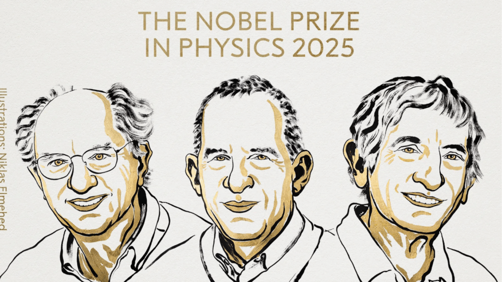 ritratti a disegno dei tre premi nobel per la fisica 2025